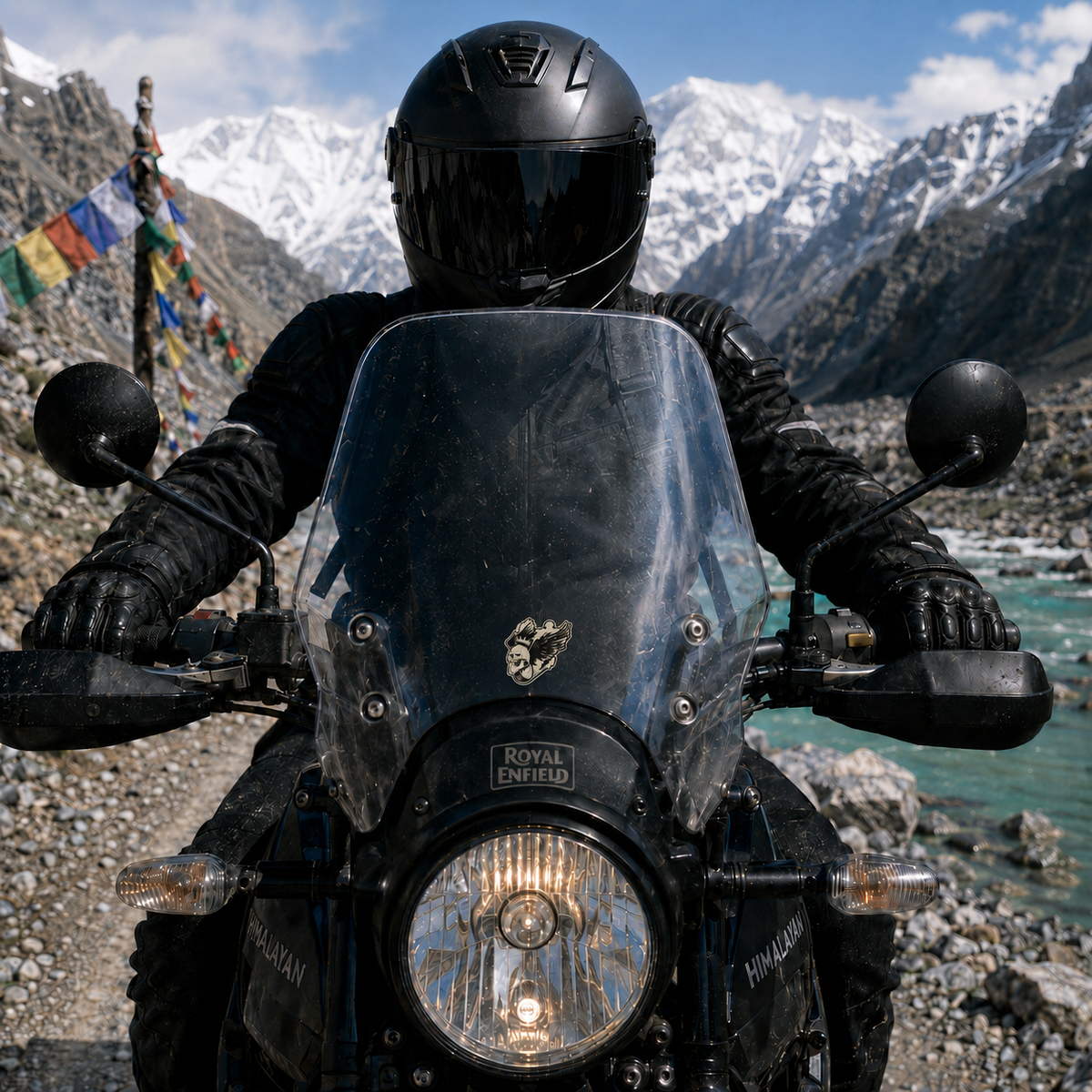 Skeleton wings skull biker sticker displayed on motorcycle windshield in Himalayan mountain riding setting