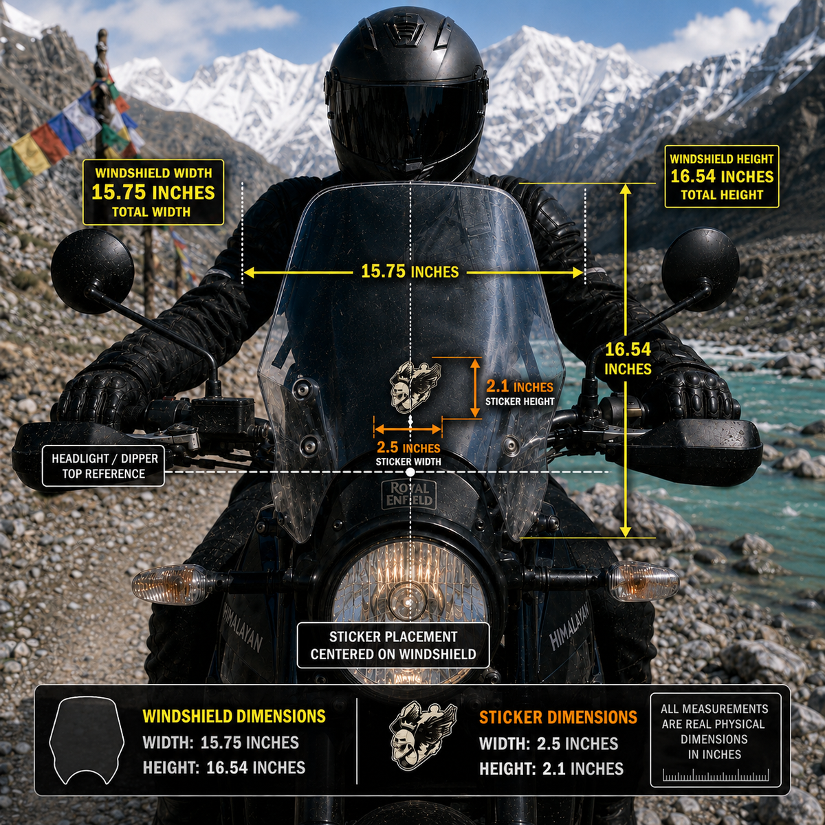 Skeleton wings sticker 2.5 x 2.1 inch size shown centered on 15.75 x 16.54 inch motorcycle windshield dimension infographic