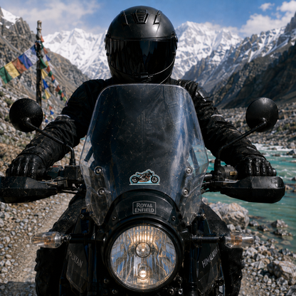 Sky blue cafe racer motorcycle sticker displayed on bike windshield in Himalayan mountain riding setting