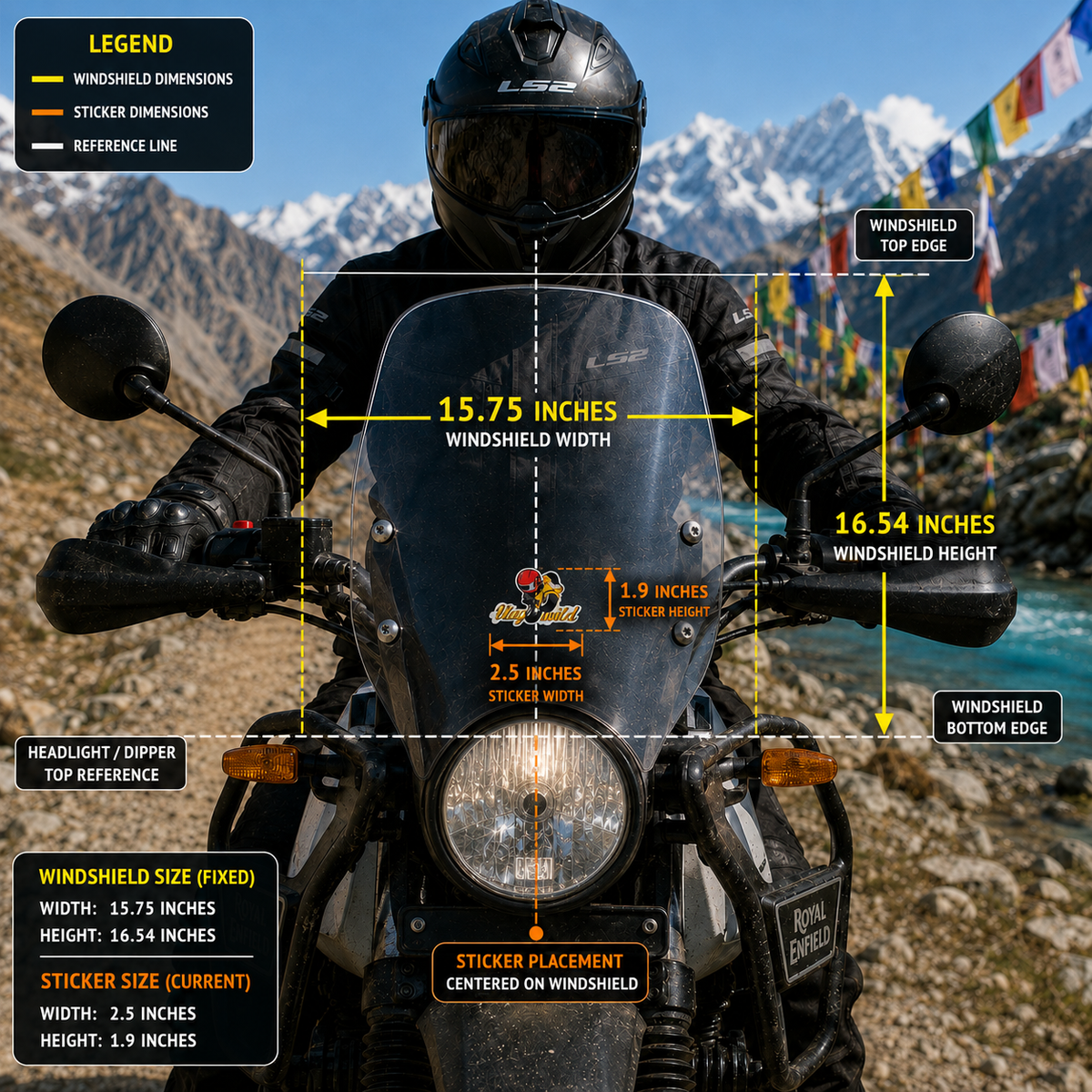 Stay Wild motorcycle sticker 2.5 x 1.9 inch size with 15.75 x 16.54 inch motorcycle windshield placement infographic