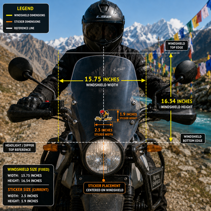 Stay Wild motorcycle sticker 2.5 x 1.9 inch size with 15.75 x 16.54 inch motorcycle windshield placement infographic