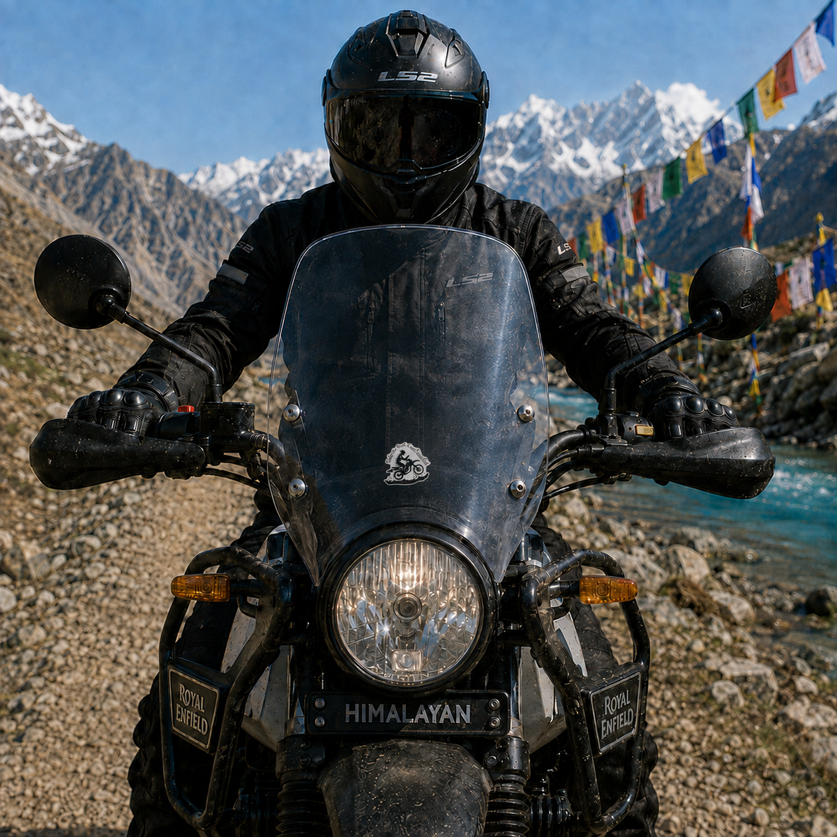 Take The Road Less Travelled motorcycle sticker applied to adventure bike windshield on Himalayan mountain road