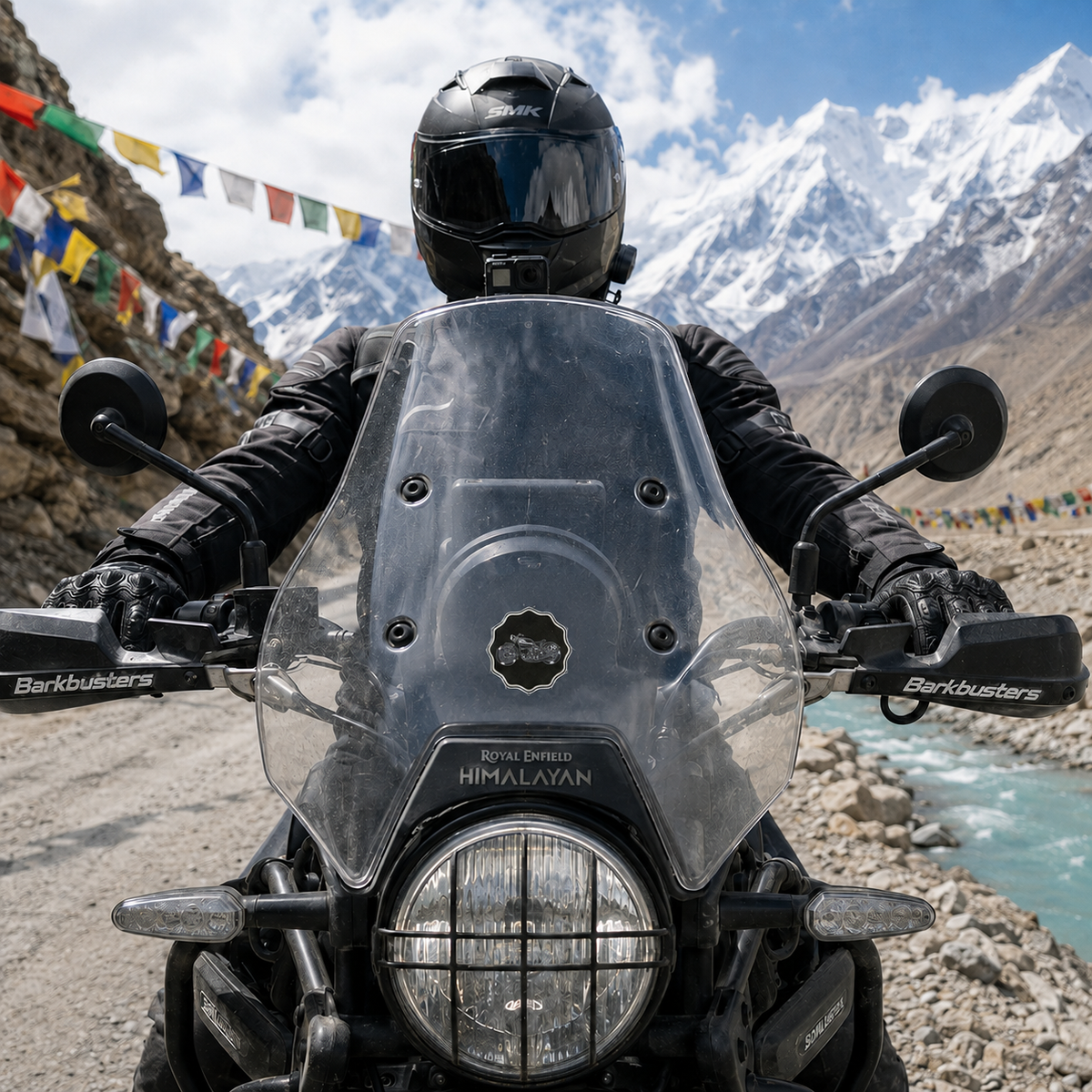 Wallpaper Background Bullet Type motorcycle sticker applied to adventure bike windshield on Himalayan mountain road