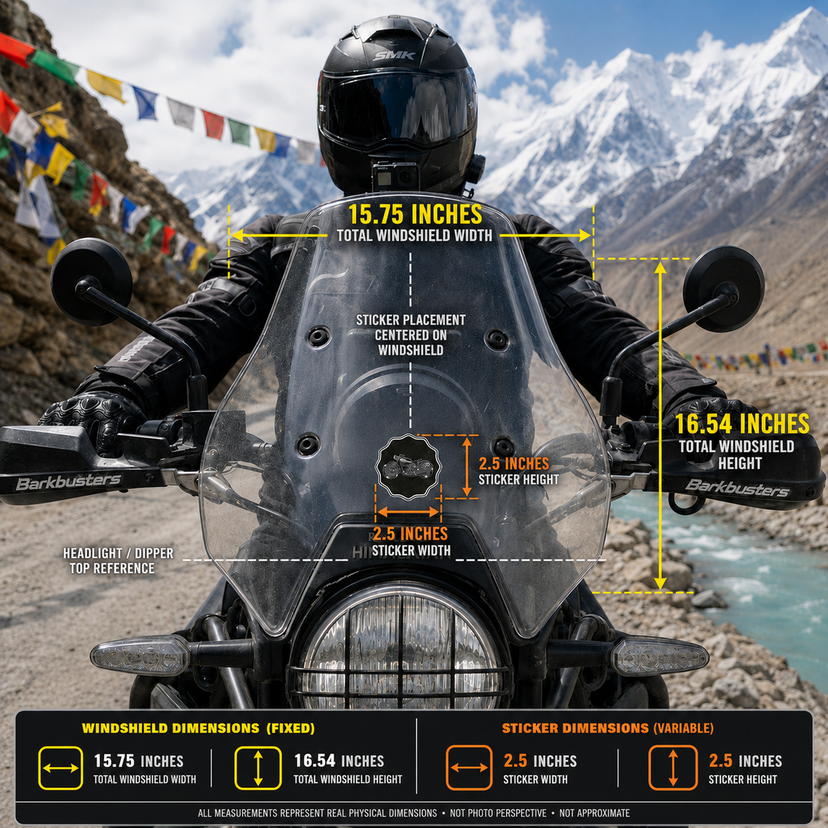 Wallpaper Background Bullet Type motorcycle sticker 2.5 x 2.5 inch size and motorcycle windshield placement infographic