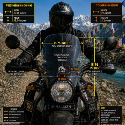 Take The Road Less Travelled motorcycle sticker 2.5 x 2.2 inch size and motorcycle windshield placement infographic