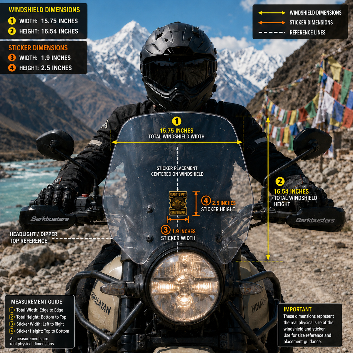 Ready to Race Motorcycle Sticker displayed on an adventure motorcycle windshield in a Himalayan riding setting