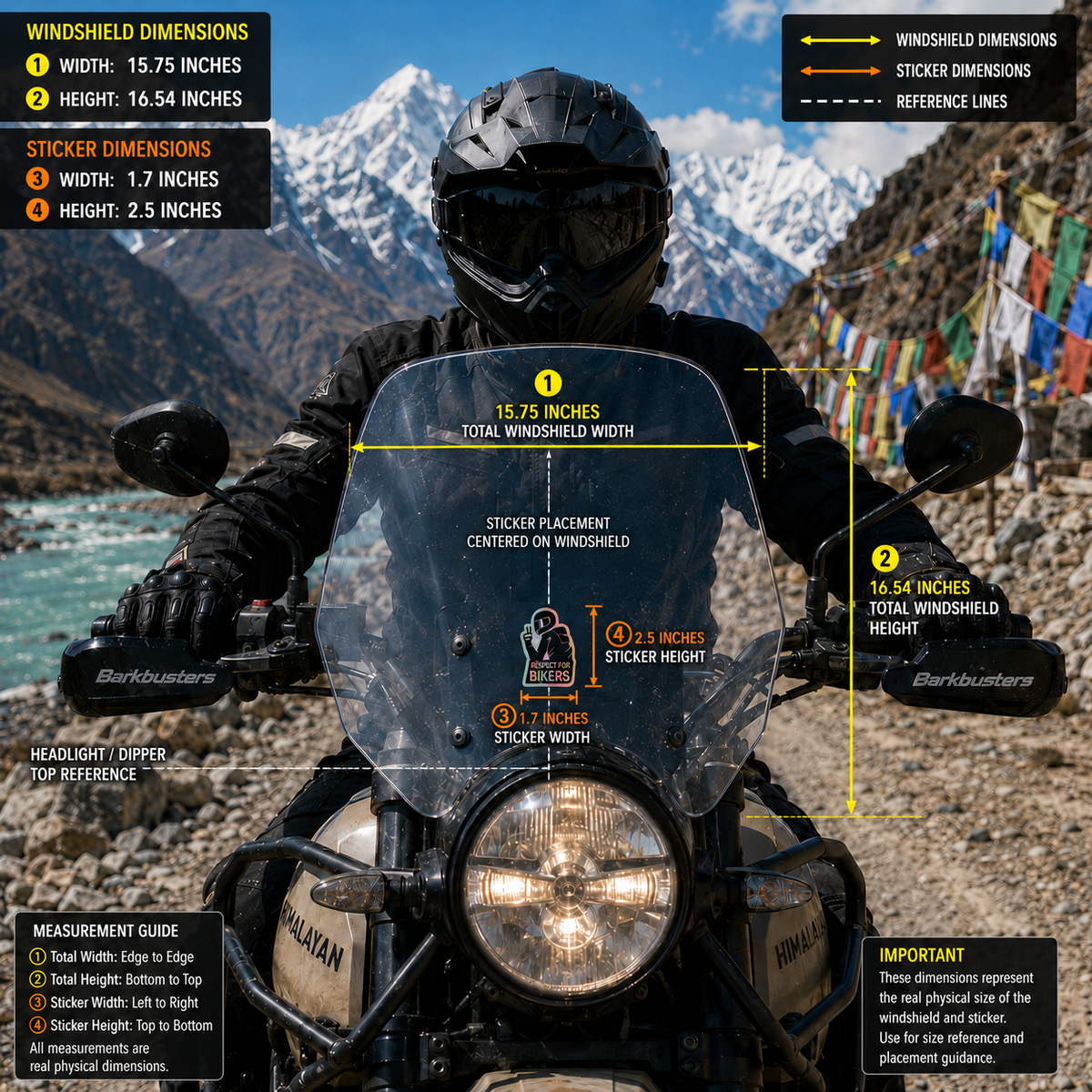 Respect for Bikers Motorcycle Sticker 1.7 x 2.5 inch real-scale placement guide on motorcycle windshield