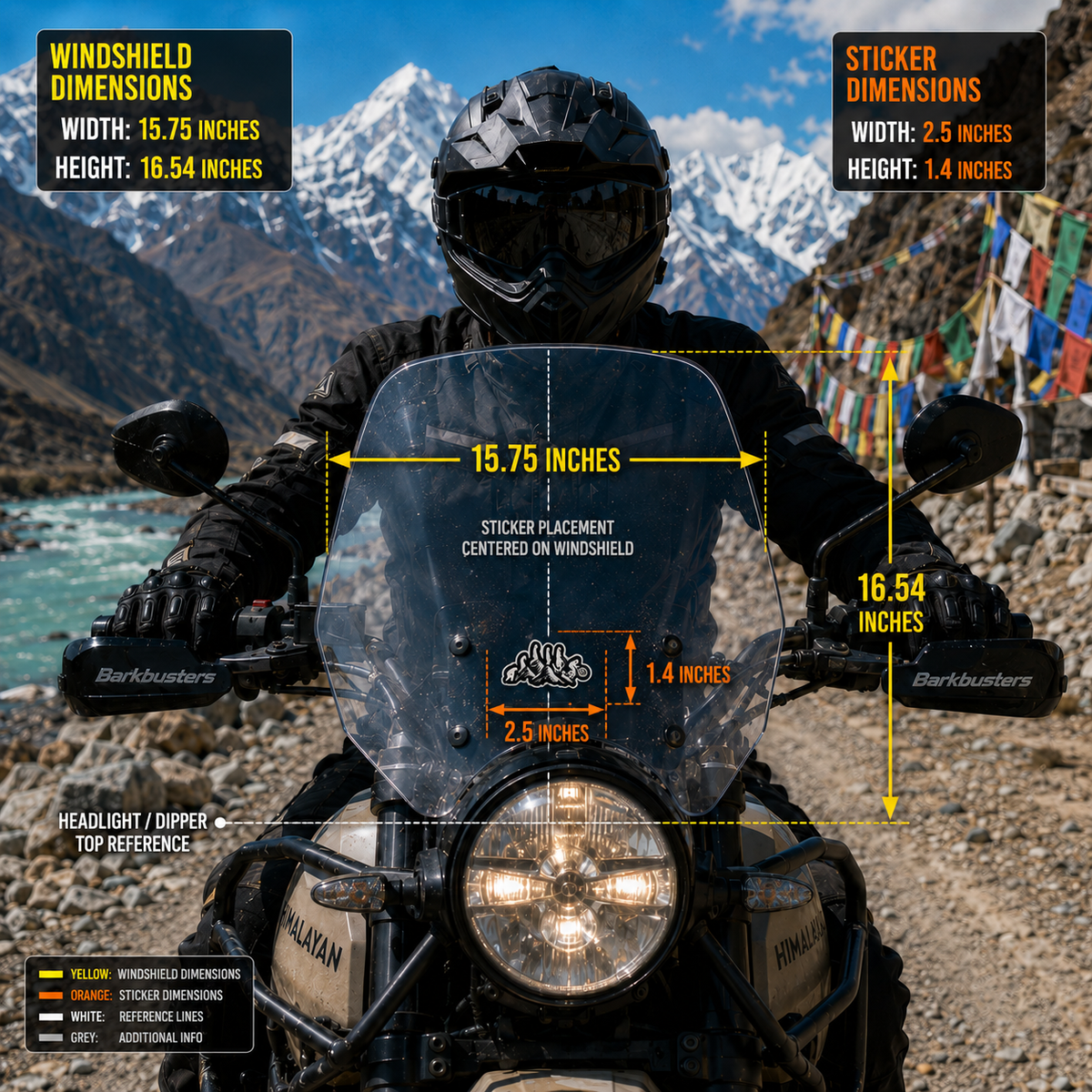 Ride Cycling on Hill sticker size and windshield placement infographic showing 2.5 x 1.4 inch sticker dimensions