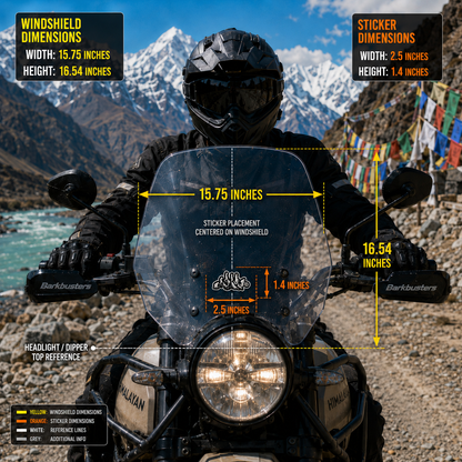 Ride Cycling on Hill sticker size and windshield placement infographic showing 2.5 x 1.4 inch sticker dimensions