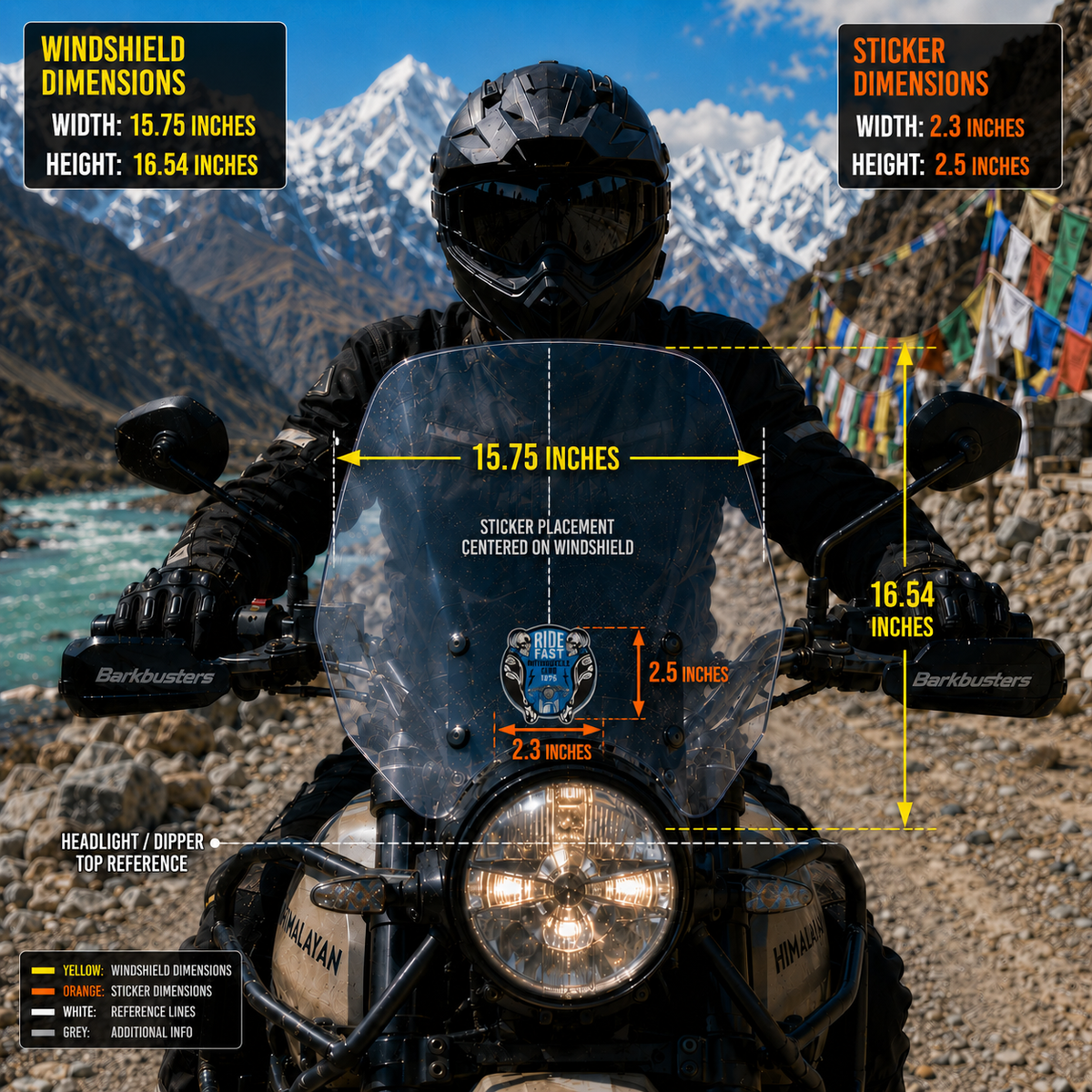 Ride Fast Motorcycle Club 1975 biker sticker size and windshield placement infographic showing 2.3 x 2.5 inch dimensions