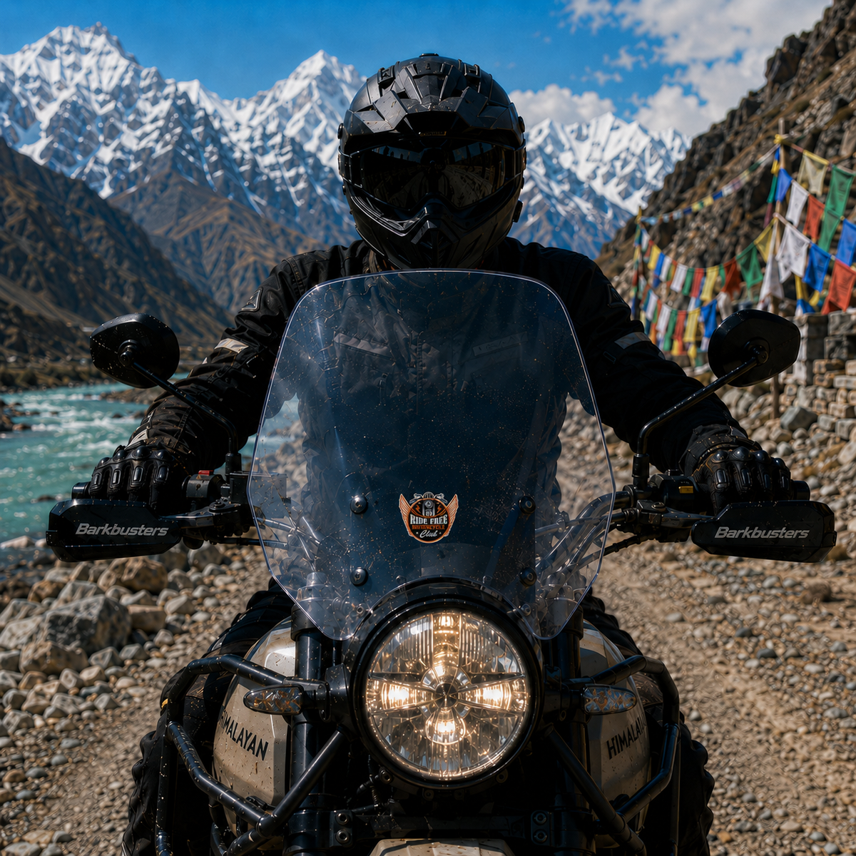 Ride Free Motorcycle Club biker sticker applied to motorcycle windshield in mountain riding scene