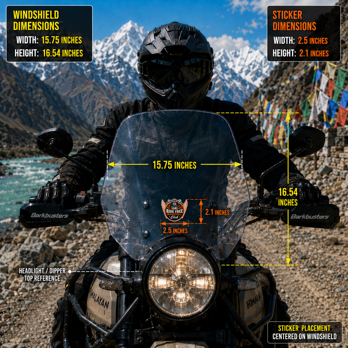 Ride Free Motorcycle Club sticker 2.5 x 2.1 inches motorcycle windshield size and placement infographic