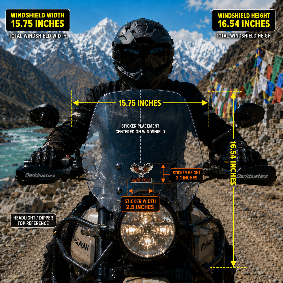 Ride Free Motorcycle Sticker 2.5 x 2.1 inch size and placement guide shown centered on an adventure motorcycle windshield