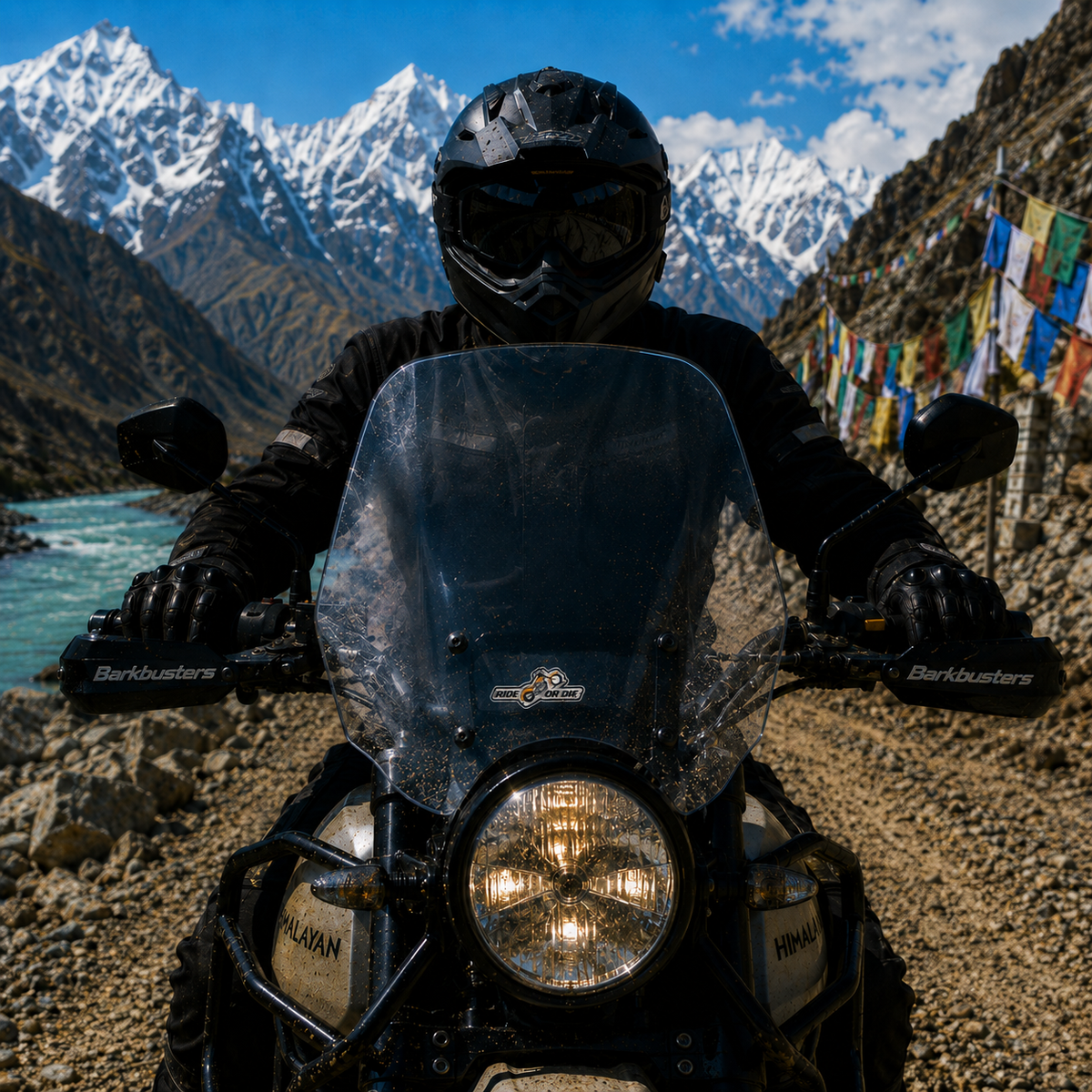 Ride or Die Motorcycle Sticker displayed on an adventure bike windshield in a Himalayan riding setting