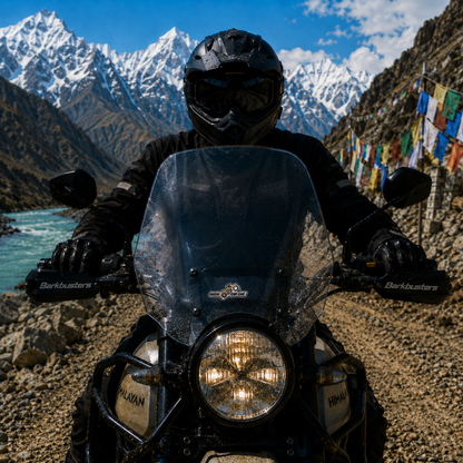Ride or Die Motorcycle Sticker displayed on an adventure bike windshield in a Himalayan riding setting