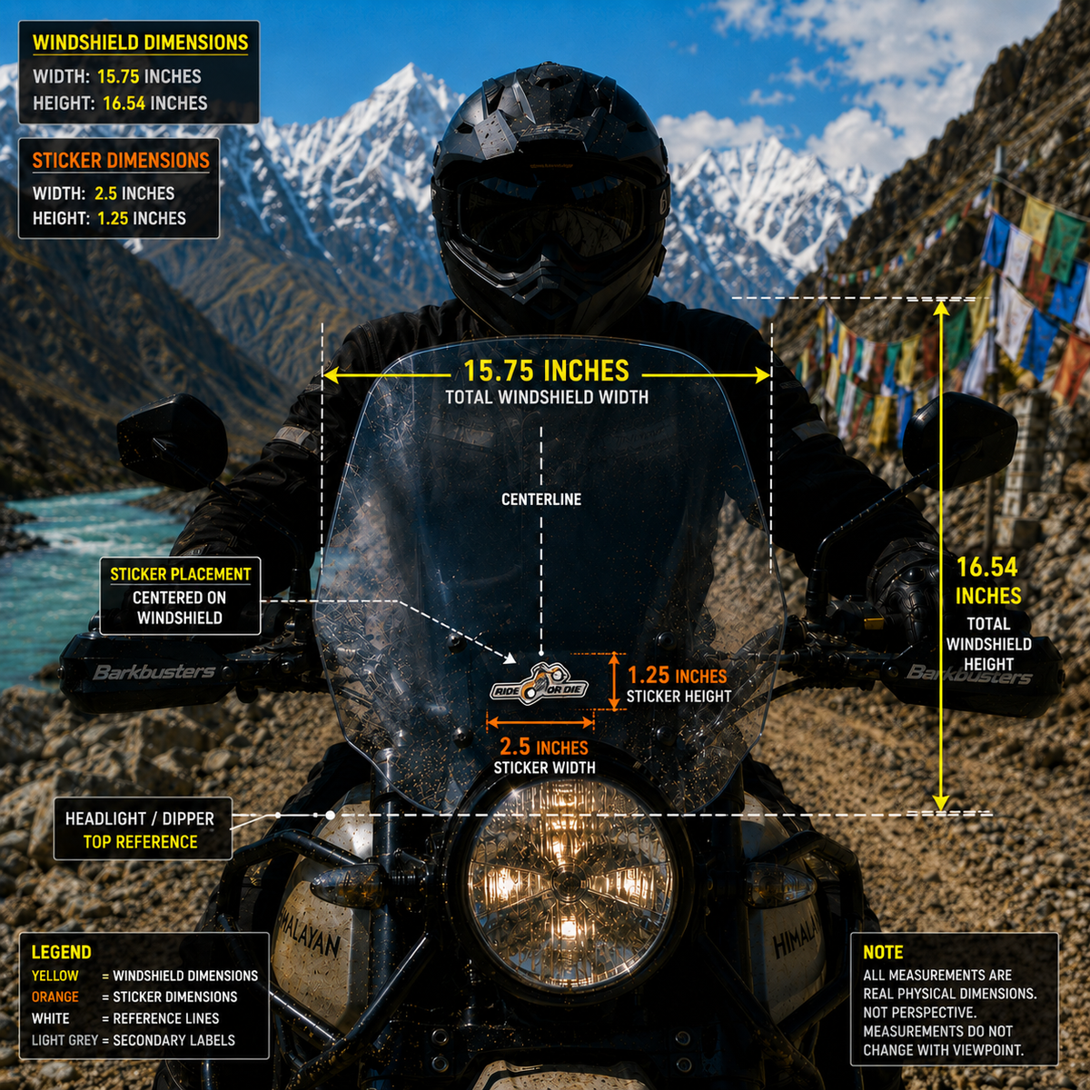 Ride or Die Motorcycle Sticker 2.5 x 1.25 inch real-scale size and placement guide on motorcycle windshield