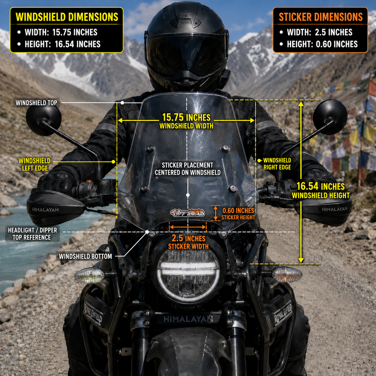 Extreme Off Road motorcycle sticker 2.5 x 0.60 inch size and motorcycle windshield placement infographic