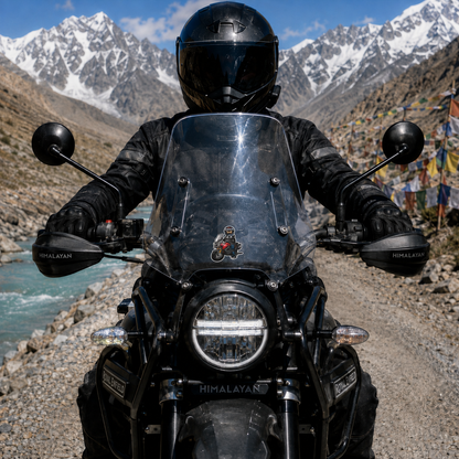 YO Sign Biker motorcycle sticker applied to adventure bike windshield on Himalayan mountain road