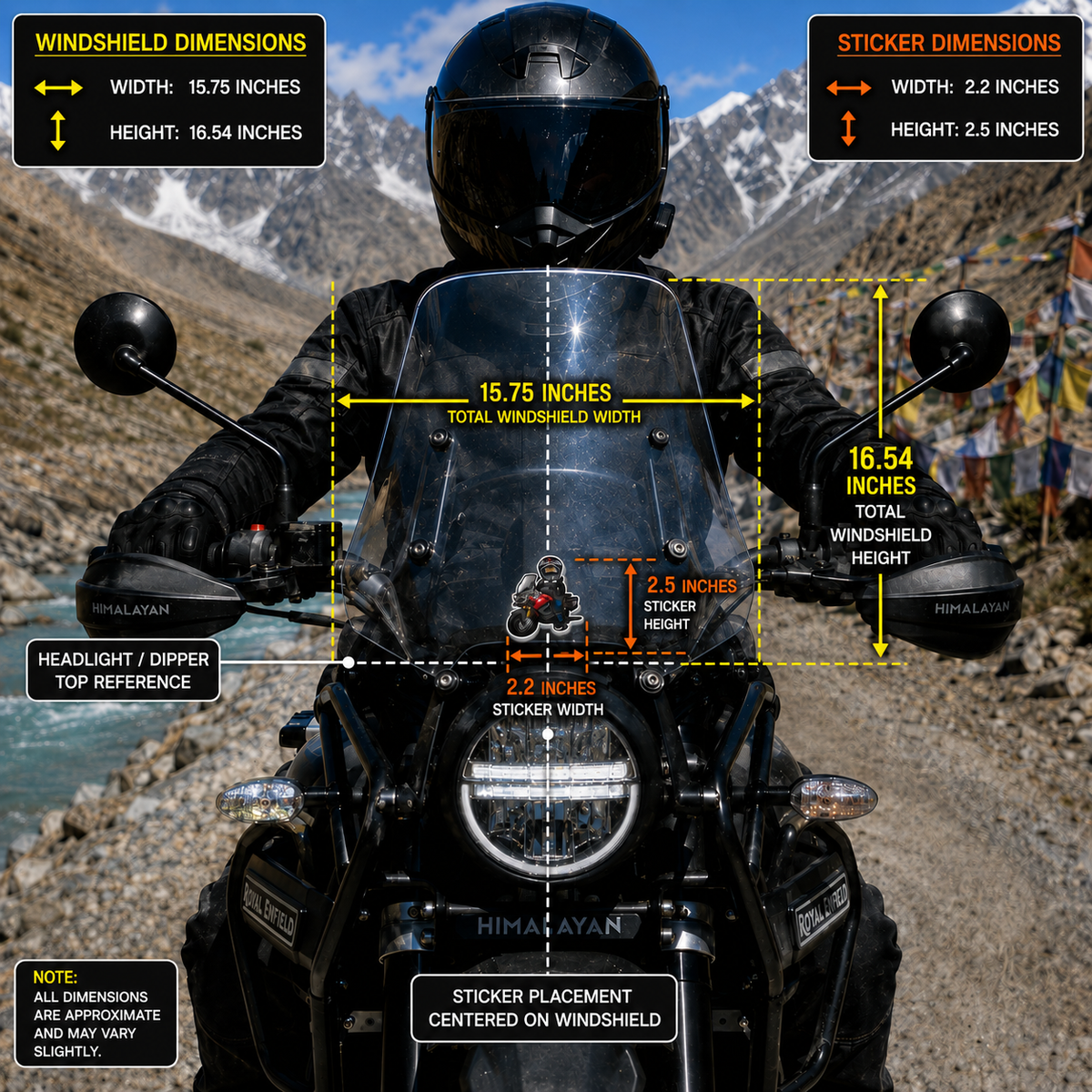 YO Sign Biker motorcycle sticker 2.2 x 2.5 inch size and motorcycle windshield placement infographic