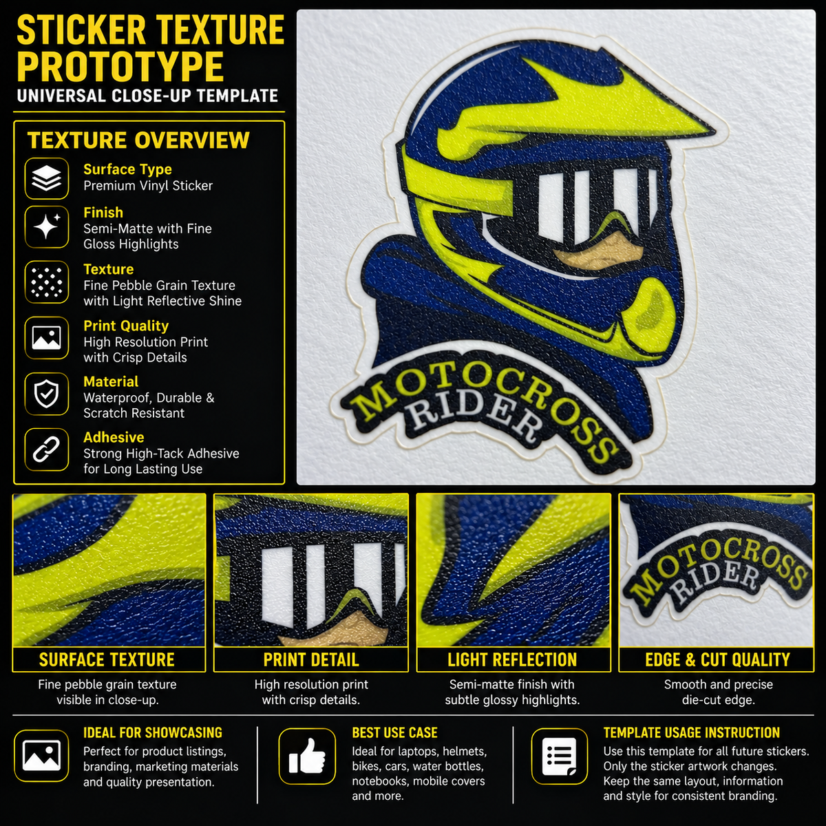 Motocross Biker premium vinyl sticker texture infographic showing semi-matte finish, fine pebble grain, crisp print details and die-cut edge