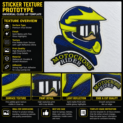 Motocross Biker premium vinyl sticker texture infographic showing semi-matte finish, fine pebble grain, crisp print details and die-cut edge