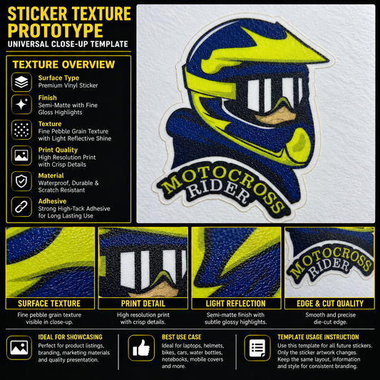 Motocross Biker premium vinyl sticker texture infographic showing semi-matte finish, fine pebble grain, crisp print details and die-cut edge