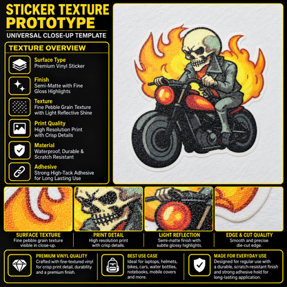 Skeleton Fiery Bike Sticker premium vinyl texture infographic showing fine pebble grain, crisp skull and flame print details and precise die-cut edge