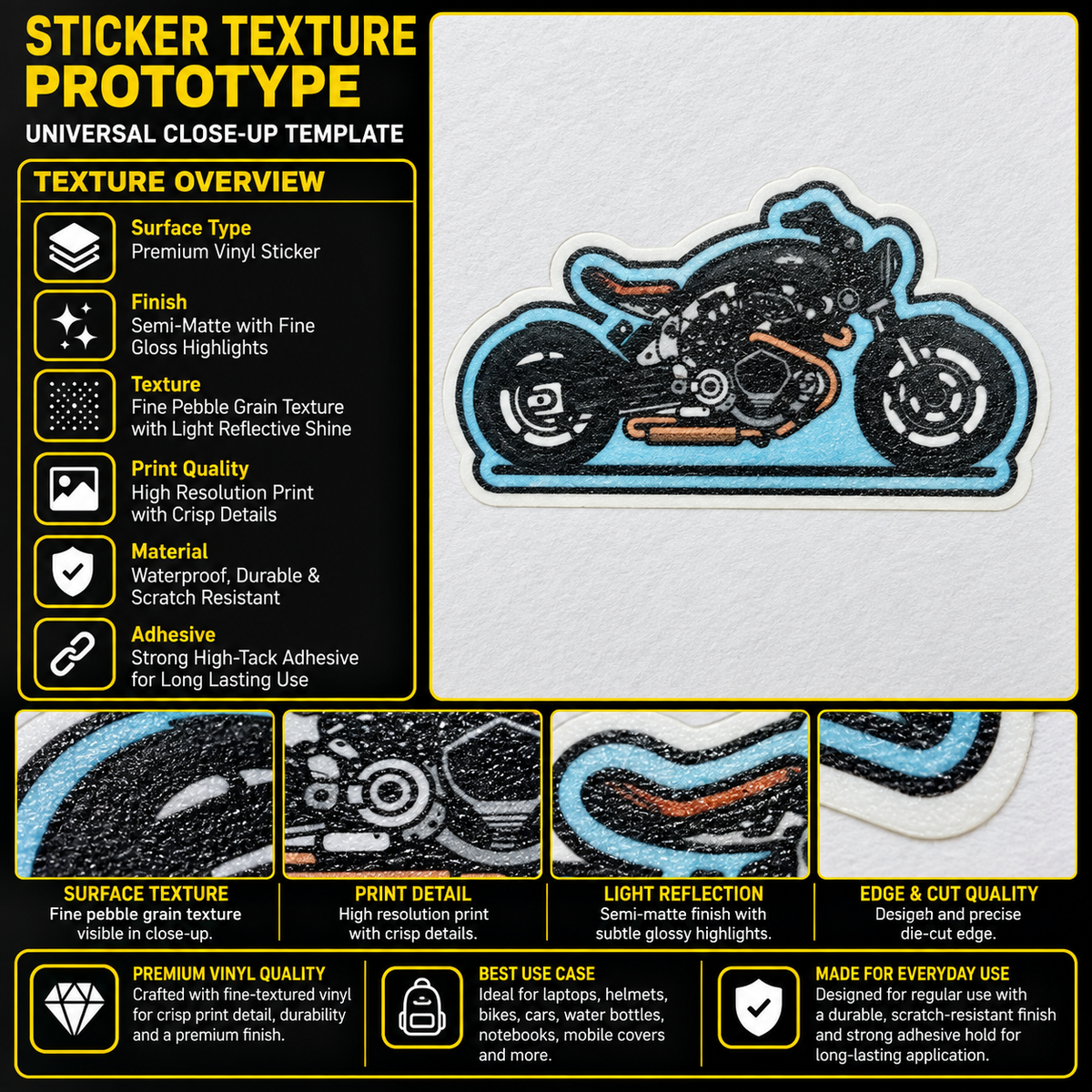 Sky blue motorcycle sticker premium vinyl texture infographic showing print detail, semi-matte finish and precise die-cut edge