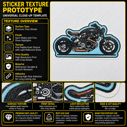 Sky blue motorcycle sticker premium vinyl texture infographic showing print detail, semi-matte finish and precise die-cut edge
