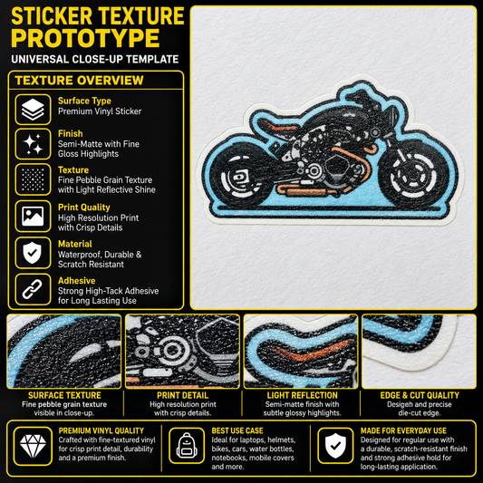 Sky blue motorcycle sticker premium vinyl texture infographic showing print detail, semi-matte finish and precise die-cut edge