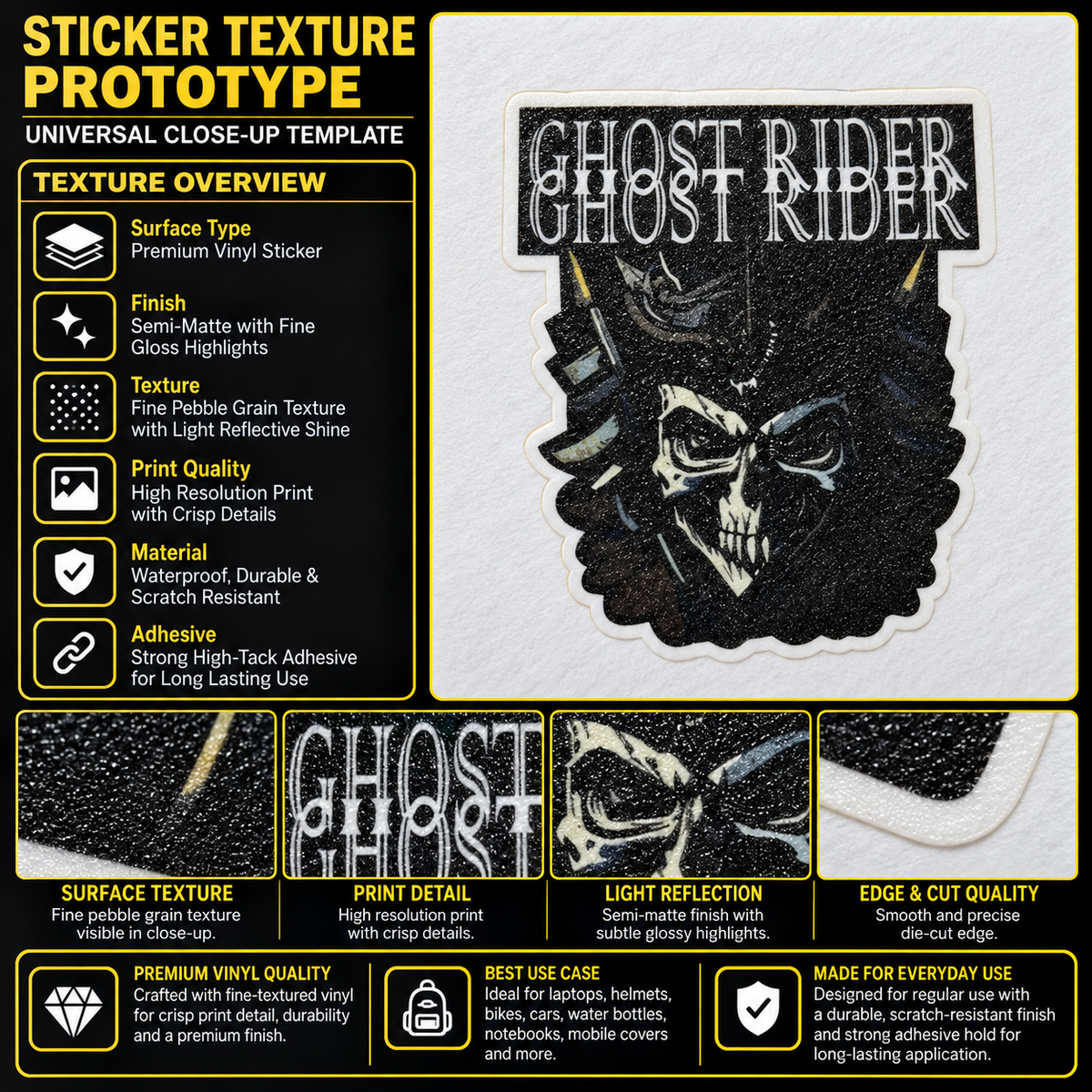 Ghost Rider skull biker vinyl sticker texture, print quality and die-cut edge infographic