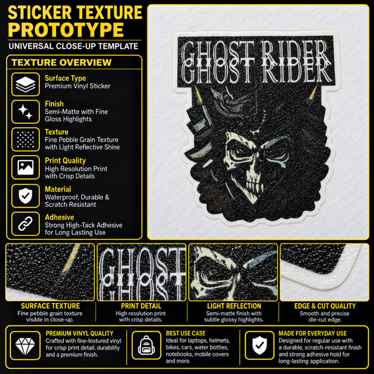 Ghost Rider skull biker vinyl sticker texture, print quality and die-cut edge infographic
