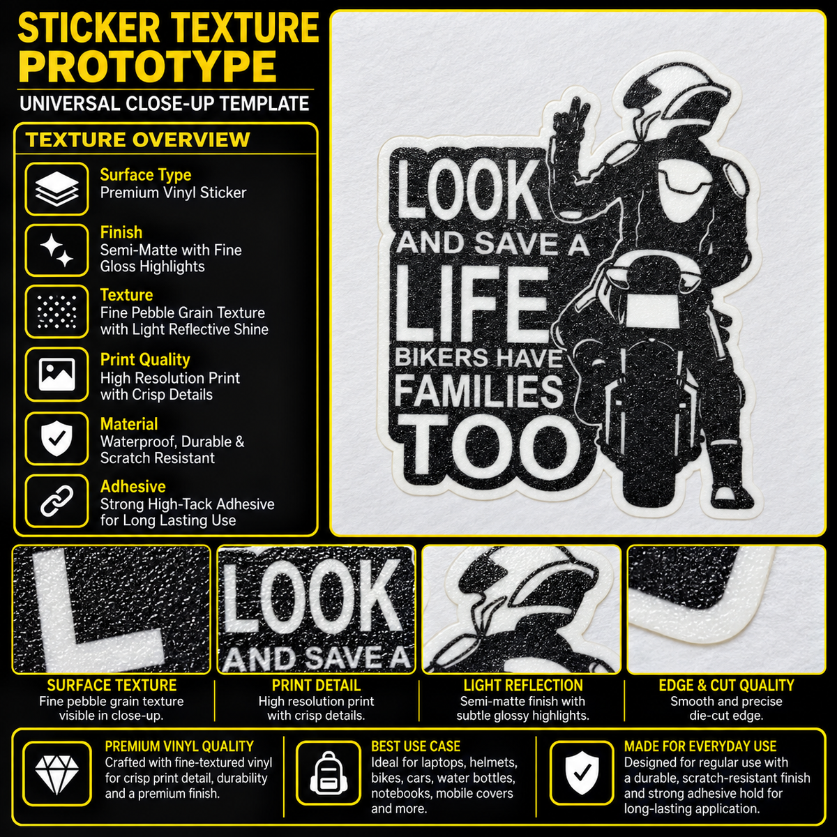 Look and Save a Life motorcycle sticker texture infographic showing premium vinyl, semi-matte finish, fine pebble grain, crisp print and die-cut edge