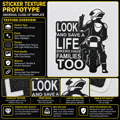Look and Save a Life motorcycle sticker texture infographic showing premium vinyl, semi-matte finish, fine pebble grain, crisp print and die-cut edge