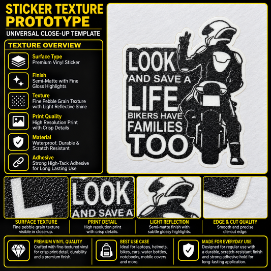 Look and Save a Life motorcycle sticker texture infographic showing premium vinyl, semi-matte finish, fine pebble grain, crisp print and die-cut edge