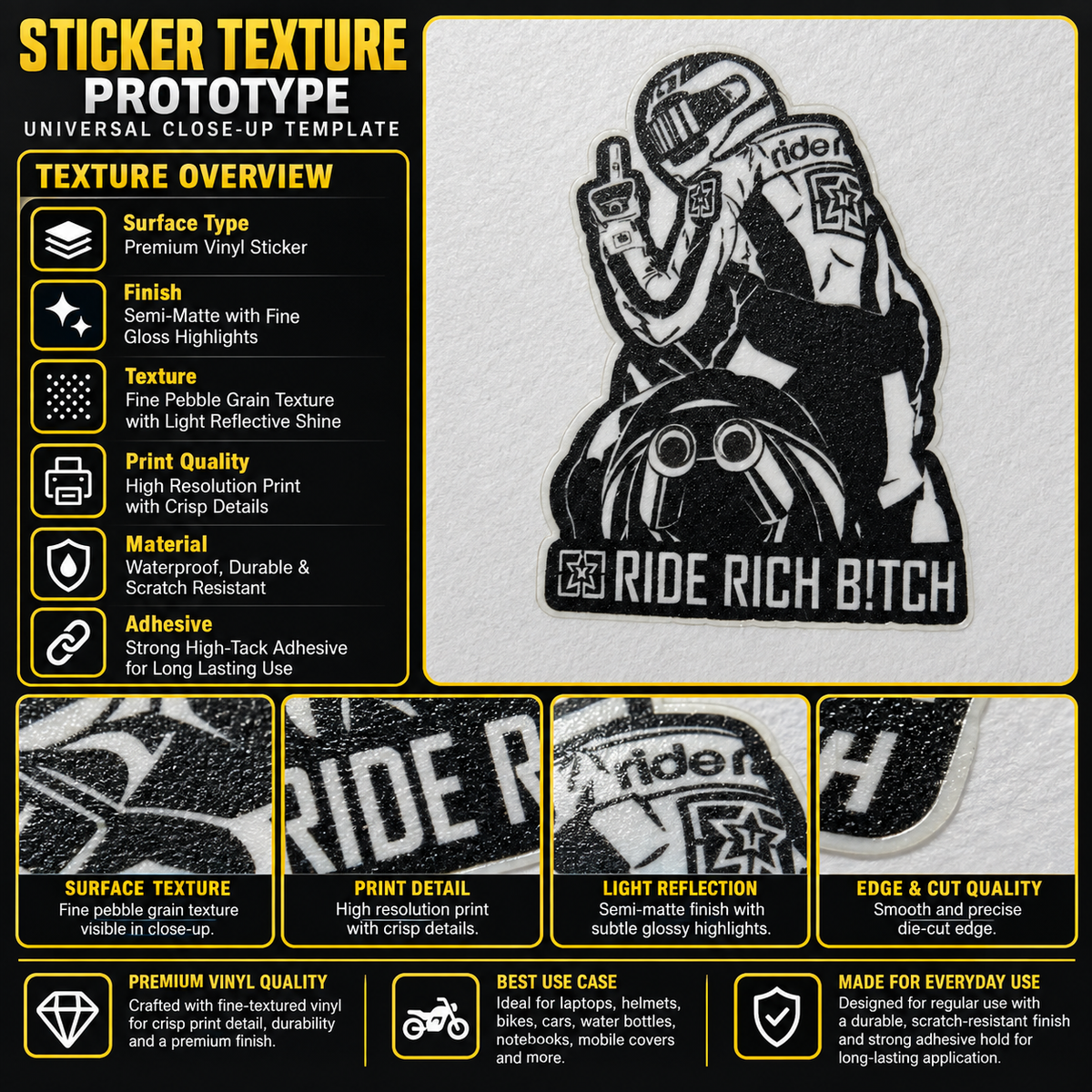 RIDE RICH BITCH Motorcycle Sticker premium vinyl texture infographic showing print detail, semi-matte finish and die-cut edge quality