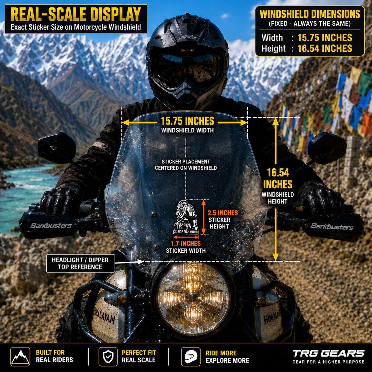 RIDE RICH BITCH Motorcycle Sticker real-scale display showing 1.7 x 2.5 inch sticker placement on motorcycle windshield