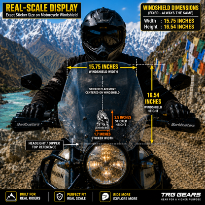 RIDE RICH BITCH Motorcycle Sticker real-scale display showing 1.7 x 2.5 inch sticker placement on motorcycle windshield