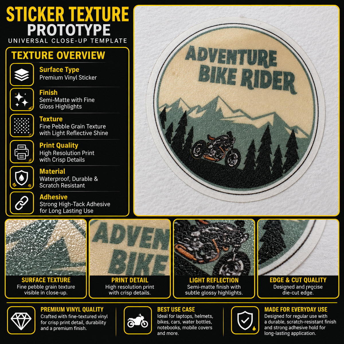 Adventure Bike Rider premium vinyl sticker showing fine pebble grain texture, semi-matte finish, crisp print detail and precision die-cut edge