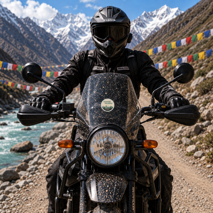 Adventure Bike Rider Sticker centered on motorcycle windshield with Himalayan mountains, river and colorful prayer flags in background