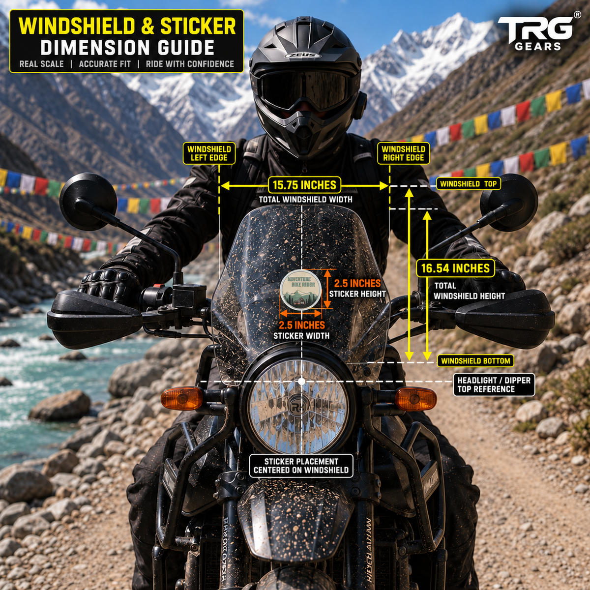 Adventure Bike Rider Sticker 2.5 inches wide and 2.5 inches high centered on motorcycle windshield with 15.75 x 16.54 inch windshield reference