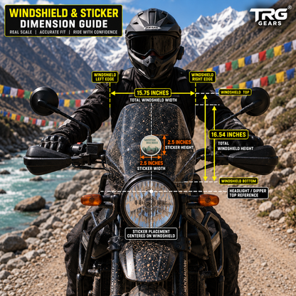 Adventure Bike Rider Sticker 2.5 inches wide and 2.5 inches high centered on motorcycle windshield with 15.75 x 16.54 inch windshield reference