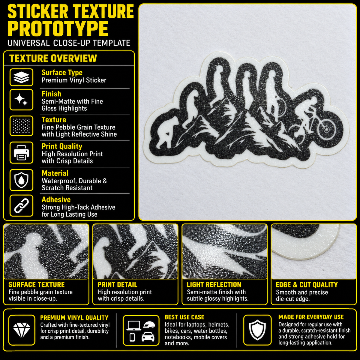 Ride Cycling on Hill premium vinyl sticker texture infographic showing print detail, semi-matte finish and die-cut edge quality