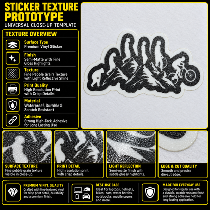 Ride Cycling on Hill premium vinyl sticker texture infographic showing print detail, semi-matte finish and die-cut edge quality