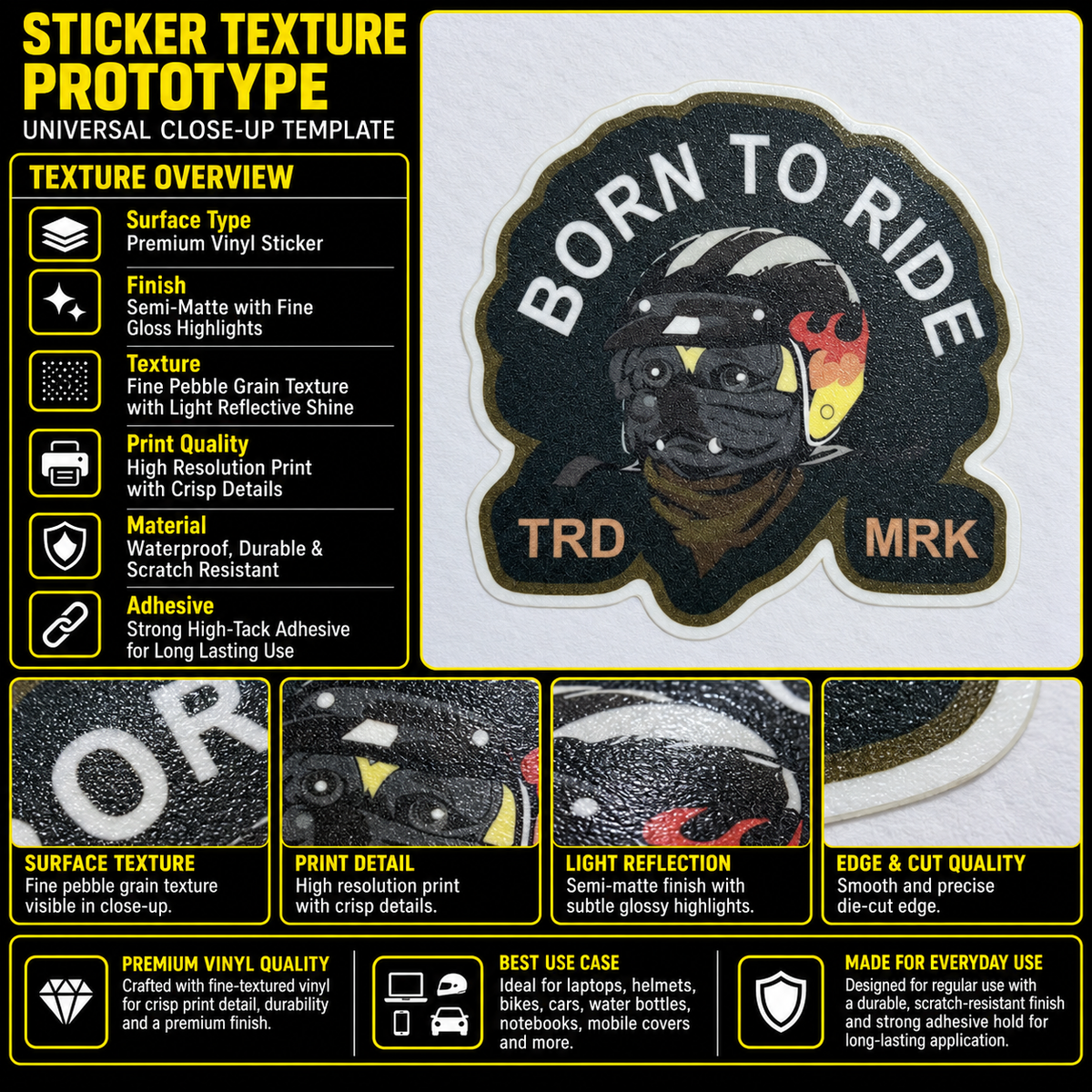 Born to Ride TRD MRK premium vinyl sticker showing fine pebble texture, semi-matte finish, crisp print quality and precision die-cut edge