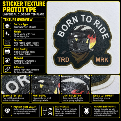 Born to Ride TRD MRK premium vinyl sticker showing fine pebble texture, semi-matte finish, crisp print quality and precision die-cut edge