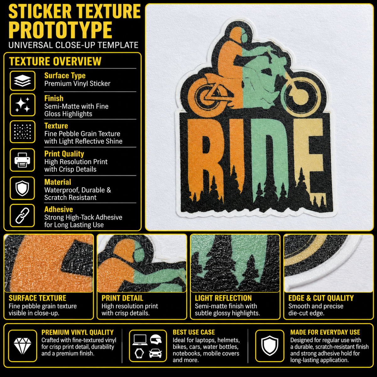 RIDE Motorcycle Sticker premium vinyl texture infographic showing semi-matte finish, print detail and die-cut edge quality