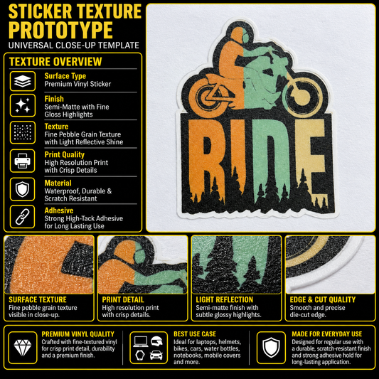 RIDE Motorcycle Sticker premium vinyl texture infographic showing semi-matte finish, print detail and die-cut edge quality