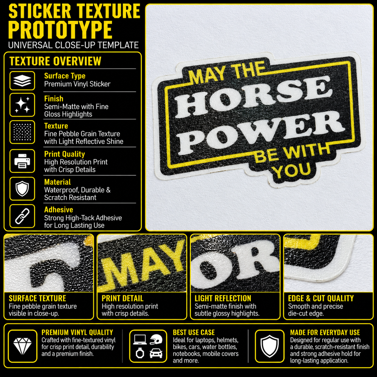 May the Horse Power Be With You premium vinyl biker sticker texture and quality infographic
