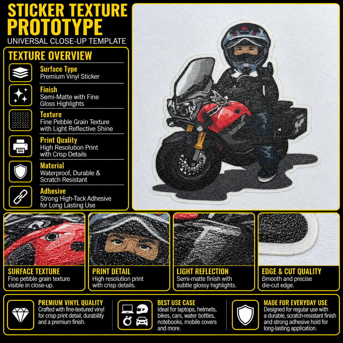 YO Sign Biker motorcycle sticker premium vinyl texture, print quality and die-cut edge detail infographic